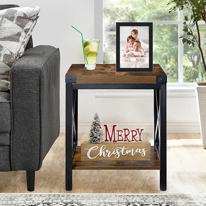End Table Large Side Table for Living Room, Rustic Farmhouse End Tables with 2-Tier Storage, Square Nightstand Bedside Table X-Design Metal Frame, Brown (Wind, Brown)-Ruum Studio Home