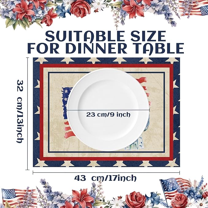 4th of July Placemats Set of 6 Patriotic Plastic Table Mats Independence Memorial Day Vintage America Flag Stars Stripe Place Mats Vinyl Table Decoration for Indoor Outdoor Party Kitchen Dining-Ruum Studio Home