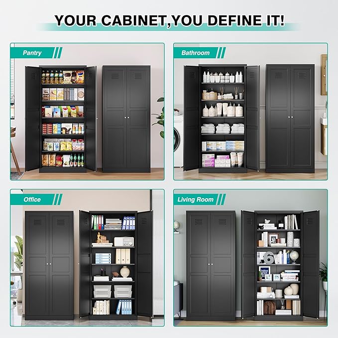 SISESOL Black Storage Cabinet,71" Tall Pantry Cabinet,Kitchen Pantry Storage Cabinets with 2 Doors and 6 Shelves,Wide Deep Metal Food Cupboard for Home,Kitchen,Dining/Living Room-Ruum Studio Home