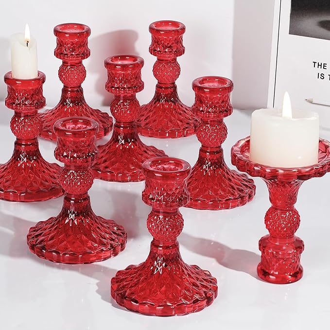 12Pcs Red Candlestick Holders Set- 4" H Taper Candle Holders Bulk, Glass Candle Holders for Activities, Party, Romantic Dinner Table Centerpieces, Festival Gifts & Windowsill Decor-Ruum Studio Home