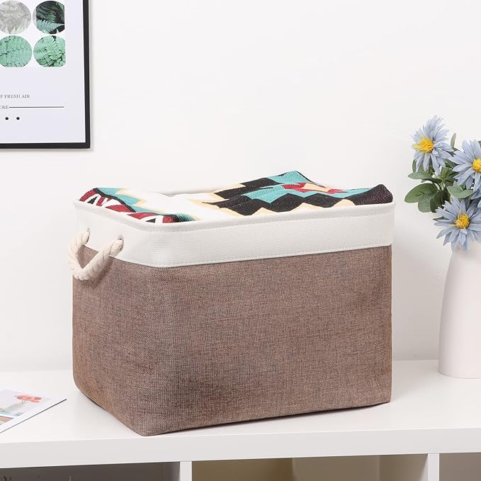 Bidtakay Large Storage Baskets with Handles for Organizing 16" x 11.8" x 11.8" Rustic Shelf Baskets [2-Pack] Foldable Clothes Baskets Fabric Collapsible Bins for Closet (White&Earthy Brown)-Ruum Studio Home