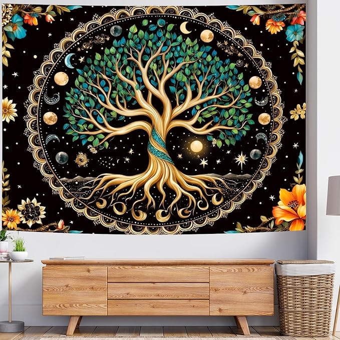 Delur Tree of Life Tapestry Moon Phase Nature Flower Plant Tapestry Wall Hanging Boho Mandala Spiritual Sun Aesthetic Psychedelic Headboard for Bedroom Living Room Home Decor (51.2" x 59.1")-Ruum Studio Home