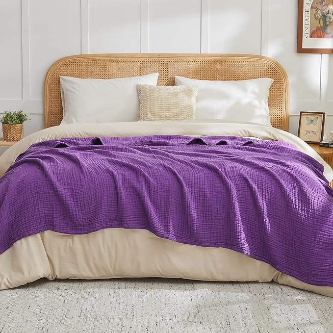 EMME Cotton Muslin King Blanket Bed Layering Breathable Gauze Blanket Soft Lightweight Blankets Adults (Purple, 108"x90")-Ruum Studio Home