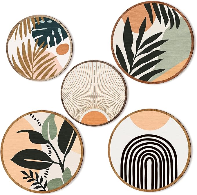 Qunclay 5 Pcs Wall Art Decor Wooden Living Room Wall Decor Bohemian Hanging Farmhouse Geometric 10'' and 8'' Aesthetic Wood Minimalist Posters for Bedroom(Boho, Leaf)-Ruum Studio Home