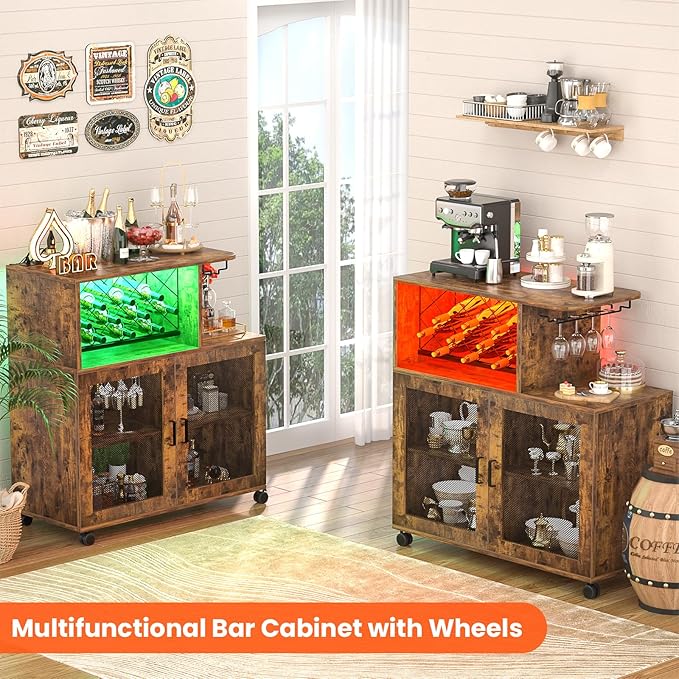 Wine Bar Cabinet with Wheels, Small Liquor Cabinet with LED Light, Home Bar Cart with Power Outlets, Coffee Bar with Wine Rack, Glasses Storage for Kitchen, Dining Room, Living Room, Vintage-Ruum Studio Home