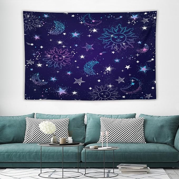 HZOHNAGO Boho Sun Moon Tapestry Purple Blue Sun Stars Galaxy Pattern Printed Wall Tapestry Wall Hanging for Bedroom Living Room Dorm 90" W x 60" H-Ruum Studio Home