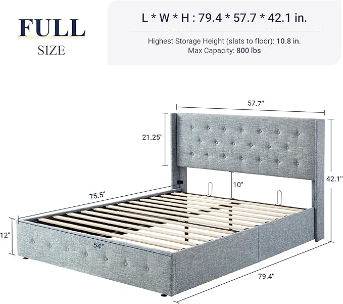 Allewie Full Size Lift Up Storage Bed, Button Tufted Headboard with Wingback, Hydraulic Support, No Box Spring Needed, Grey Blue-Ruum Studio Home