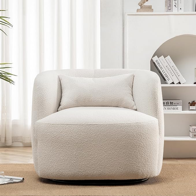 KINWELL 34" Wide Boucle Swivel Barrel Chair, No Assembly Round Upholstered Armchair Accent Chair Single Sofa Chair with Toss Pillow for Living Room and Bedroom, Beige-Ruum Studio Home