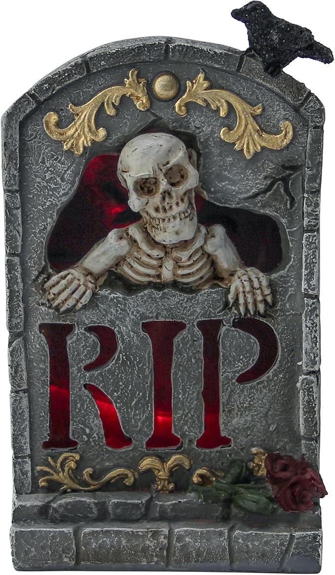 Halloween Decoration Indoor 7.6″ Tombstone Statue with LED Lights Spooky Skull Head Gravestone Skeleton RIP Lighting Changes Halloween Village for Table Shelf Home Party Outdoor Decor Gifts-Ruum Studio Home