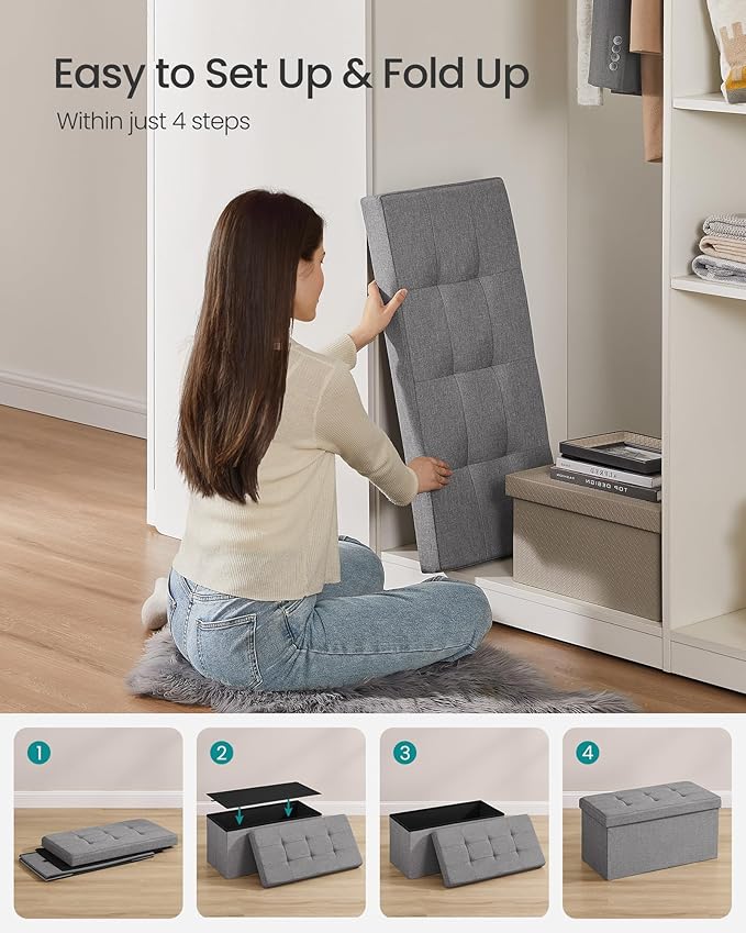 SONGMICS MAZIE Collection - 30 Inches Folding Storage Ottoman Bench, Ottoman Foot Rest, End of Bed Bench, Storage Chest, Load 660 lb, for Living Room, Bedroom, Entryway, Light Gray ULSF47G-Ruum Studio Home