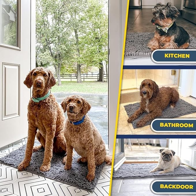 Muddy Mat® 4-Piece Grey Medium 30"X19" AS-SEEN-ON-TV Highly Absorbent Microfiber Door Mat, Bath Mat and Pet Rug, Non Slip Thick Washable, Soft Chenille for Kitchen Bathroom Bedroom Indoor and Outdoor-Ruum Studio Home