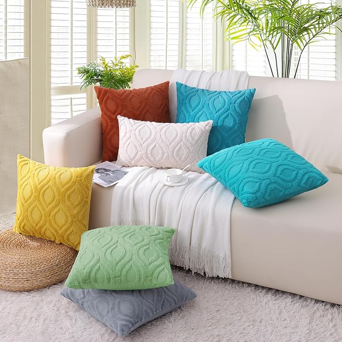 decorUhome Fall Throw Pillow Covers 12x20 Inch Set of 2, Soft Plush Decorative Faux Fur Blue Grey Solid Couch Pillow Covers, Accent Farmhouse Neutral Lumbar Euro Pillow Cases for Sofa Bed Living Room-Ruum Studio Home