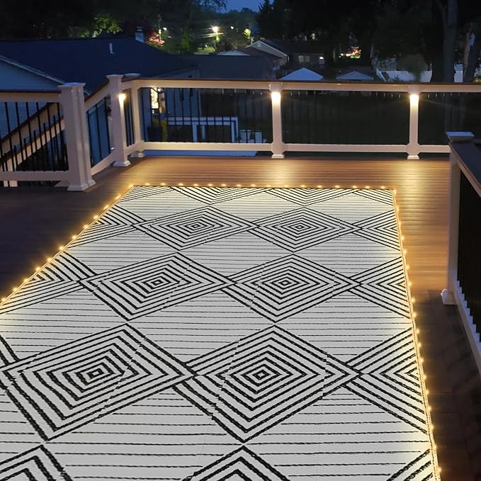 6x9ft Waterproof Outdoor Rug with LED Lights, Foldable Reversible Plastic Straw Mat for Patio RV Camping Picnic Balcony Beach Deck Indoor Outdoor Carpet, Black&White-Ruum Studio Home