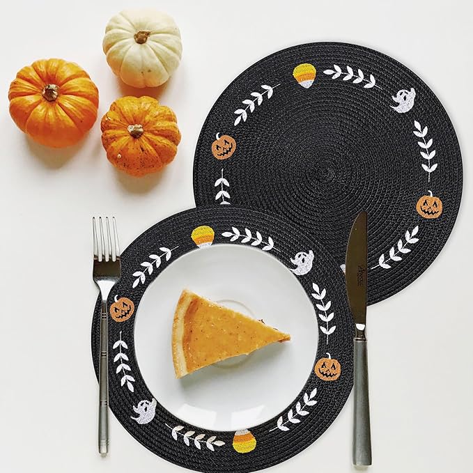 Whaline 4Pcs Round Halloween Placemats Embroidered Ghost Pumpkin Candy Corn Place Mats Black Spooky Dinner Table Mats for Halloween Party Decor-Ruum Studio Home