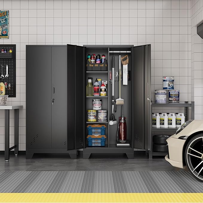 Metal Storage Cabinet with Locking Doors, 61" Tall Garage with Hanging Rod, Broom Closet, Freestanding Bathroom Storage Cabinet, Cleaning Tool,Black-Ruum Studio Home