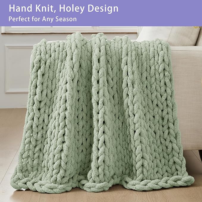 Bigacogo Chunky Knit Throw Blanket for Couch, 40x80 inches, 100% Hand Knitted with Thick Jumbo Chenille Yarn, Cozy Soft Large Rope Knot Cable Crochet Blankets for Sofa Bed Living Room, Sage Green-Ruum Studio Home