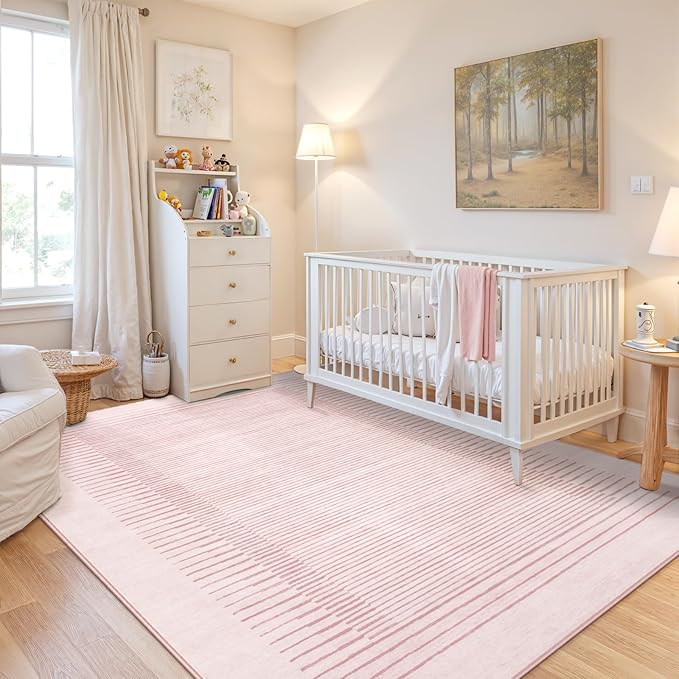Wonnitar Washable Striped Living Room Area Rug 5x7, Non-Slip Berber Stripe Pink Area Rugs for Bedroom Girls, Low Pile Soft Large Throw Carpet for Kids Nursery Room (Pink,5' x 7')-Ruum Studio Home