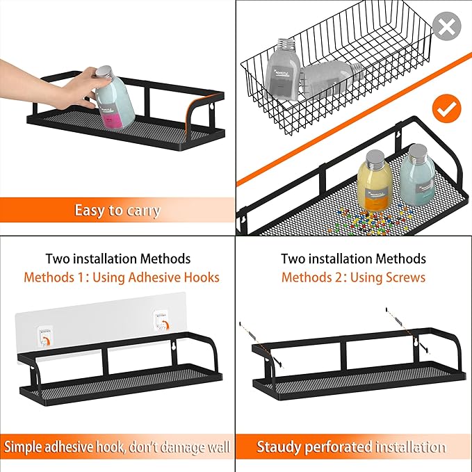 PUSDON Hanging Storage Baskets Organizer Wall Mount, Metal Wire Storage Bin Rack for Kitchen Bathroom Shower Spice Shelf Home Decor Essentials Black-2 Packs (Hollowout)-Ruum Studio Home