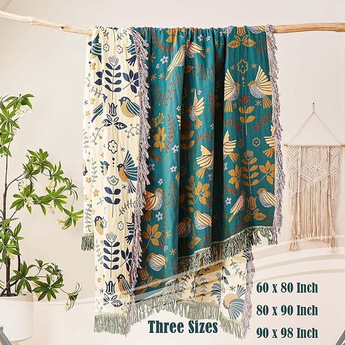 Boho Throw Blanket, 100% Cotton Ultra Soft Luxury Throw Rustic Quilt, 60"x80" Floral Printed Farmhouse Decor Bed Summer Blankets, All Season Rustic Reversible Bohemian Throw for Bed - Blue-Ruum Studio Home