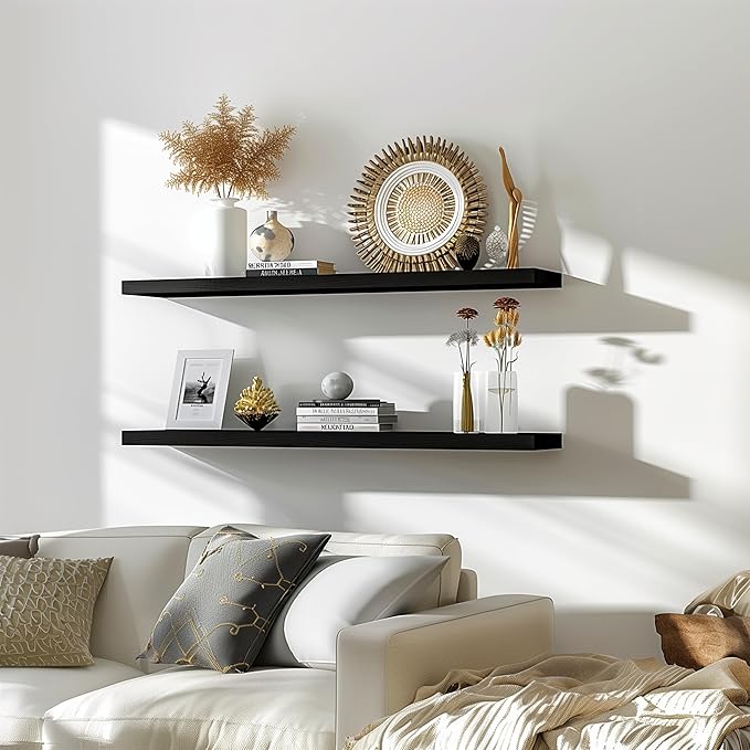 48 Inch Floating Shelves for Wall Rustic Black Wood Wall Shelves for Bedroom Set of 4-Ruum Studio Home