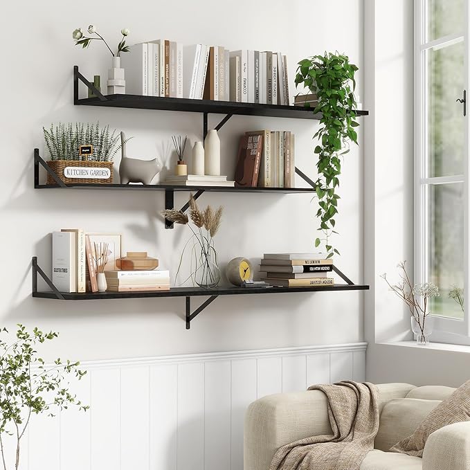 12 Inch Deep Floating Shelves, Black Floating Shelves 48W x 12D, Deep Wall Shelves Bracket Set of 2, Large Display Hanging Floating Shelf for Bathroom, Living Room, Wide Storage Wooden Wall Shelf-Ruum Studio Home