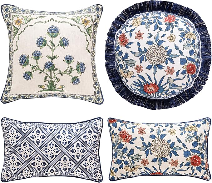 patdrea Designer Floral Linen Throw Pillow Covers,Blue French Cottage Flower Pattern Decorative Pillowcases Cushion for Bed Living Room Outdoor Car,Pack of 4-Ruum Studio Home