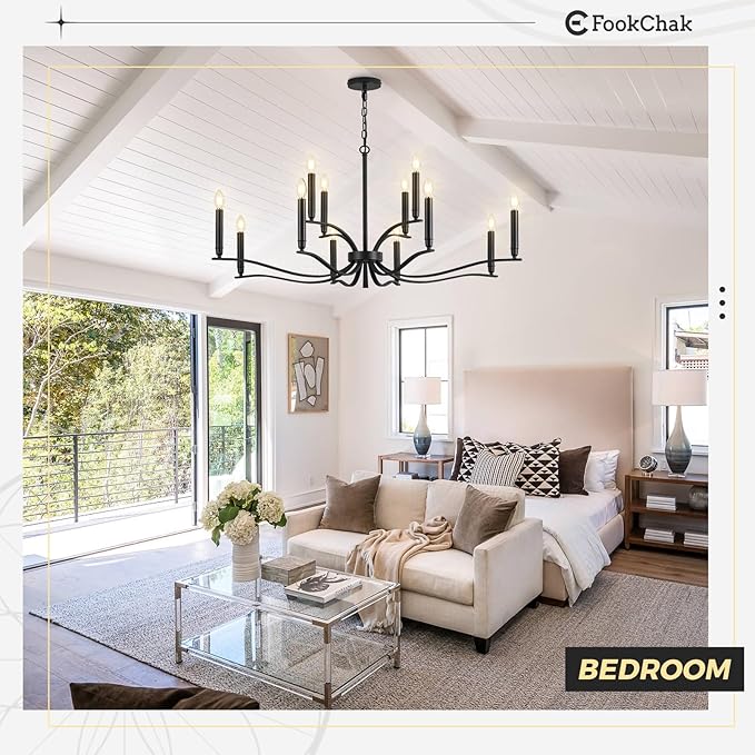 Black Living Room Chandelier 12 Light Hight Ceiling Foyer Candle Chandelier Large Dining Room Light Fixture Over Table 44in Metal Modern Chandeliers Hanging Light for Entry Master Bedroom-Ruum Studio Home