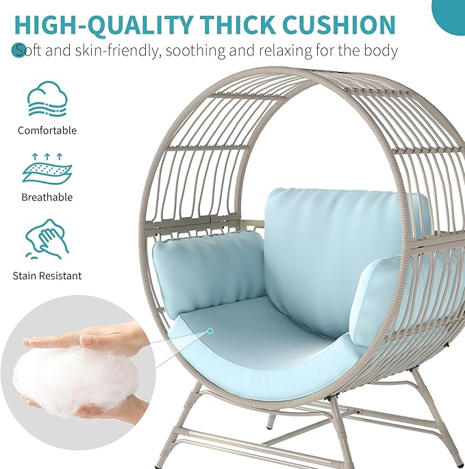 Egg Chair Outdoor Indoor, Oversized Rattan Chair with Thicken Cushion, 350LBS Capacity Wicker Patio Lounge Chair, Basket Chair for Living Room Balcony Porch Backyard, Blue-Ruum Studio Home