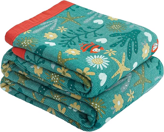 Boho Throw Blanket, 100% Organic Cotton Skin-Friendly Breathable Ultra Soft Bed Quilt Throw - All Season Blue & Red FishFarmhouse Decor Blanket for Sofa Couch Chair and Gift. 60" x 80"-Ruum Studio Home