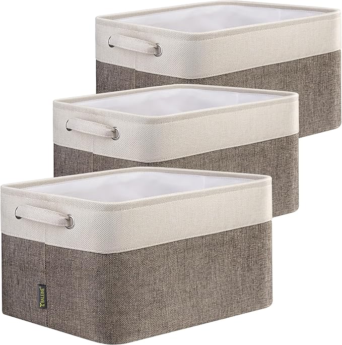 BALEINE 3 Pack Fabric Storage Bins for Shelves, Linen Storage Baskets for Organizing, Decorative Closet Bins for Clothes, Home (Brown, 15"x11"x9.5") ﻿-Ruum Studio Home
