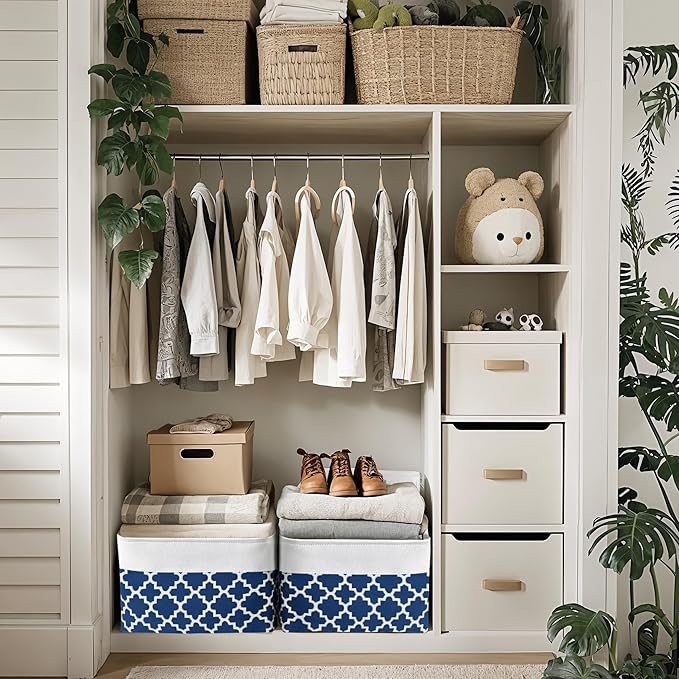 DECOMOMO Blue Storage Bins Fabric Storage Baskets for Shelves, Linen Closet Organization Toys Nursery (Blue Patterns, Large - 3 Pack)-Ruum Studio Home