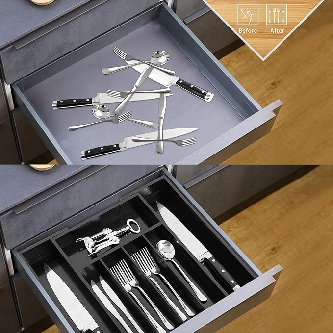 VaeFae Bamboo Drawer Organizer, Expandable Silverware Drawer Organizer, Cutlery Tray with Dividers for Kitchen Utensils (Black, Medium)-Ruum Studio Home