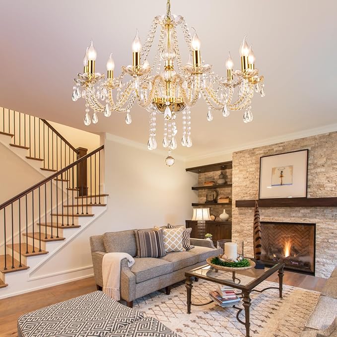 Modern Elegant 10 Lights K9 Crystal Glass Chandelier Golden Pendant Ceiling Lighting European Style for Dining Living Room Bedroom Transparent, 10 E12 Bulbs Required-Ruum Studio Home
