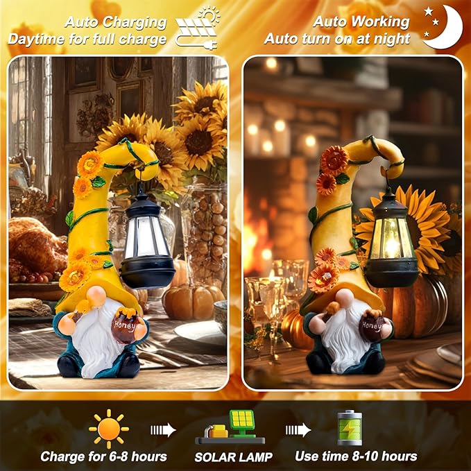 Fall Decorations for Home Porch 12" Solar Fall Gnome Sunflower Garden Statues Honey Bee Jar Decor with LED Lantern Outdoor Gnomes Decorations Patio Yard Balcony Art Birthday Gifts for Mom Grandma-Ruum Studio Home