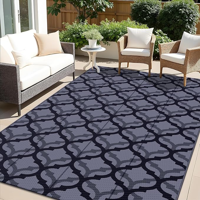 OLANLY Reversible Outdoor Rug 5x8 ft Clearance, Waterproof Outdoor Plastic Straw Rug with Interlacing Pattern, RV Mat for Patio, Camping, Balcony, Deck, Backyard, Black & Grey-Ruum Studio Home