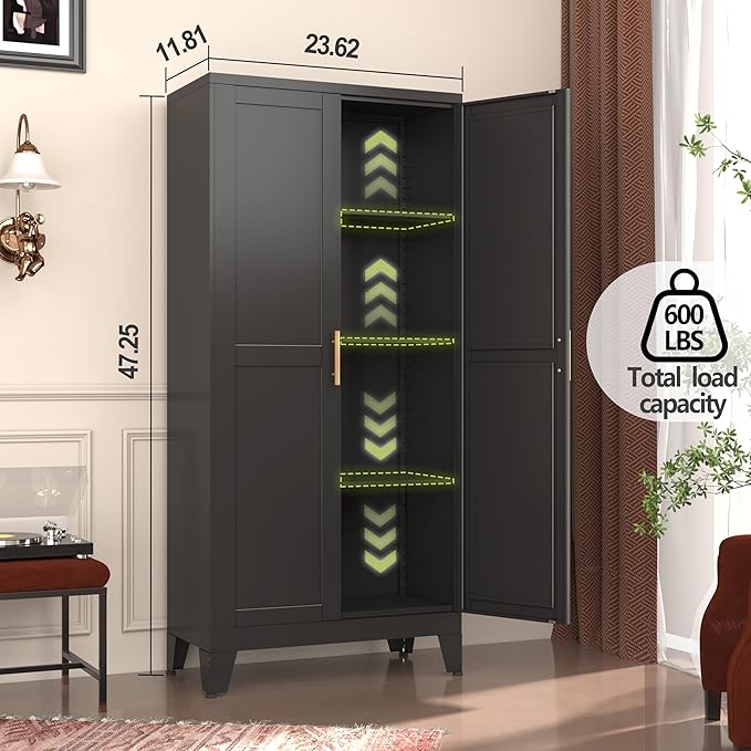 Metal Storage Cabinet With 2 Doors and 3 Adjustable Shelves, Black Kitchen Pantry for Food, Utility Cabinet for Laundry Room, Cupboard-Ruum Studio Home