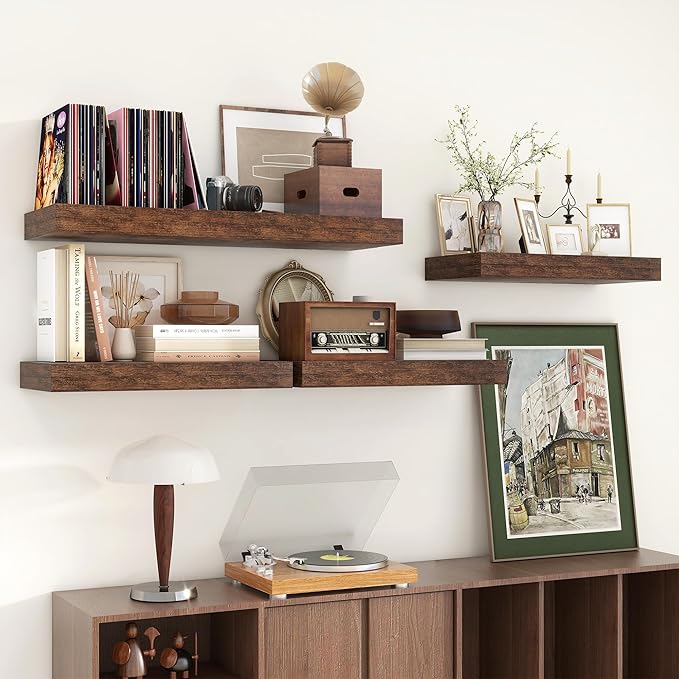 Deep Floating Shelves, 12 Inch Deep Rustic Floating Shelves Set of 2, 24 Inch Large Wall Mounted Wood Shelves for Books Laundry Room Living Room Bedroom Kitchen Home Office - Rustic Brown-Ruum Studio Home