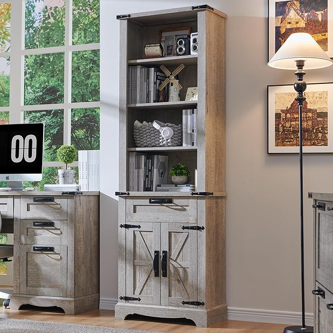 RedLemon Bookshelf with Storage Cabinet, 72" Tall Farmhouse Bookcase with Adjustable Shelves and Barn Door, 4 Tier Office Wood Bookshelf with Drawer for Office Library Living Room (Light Rustic Oak)-Ruum Studio Home