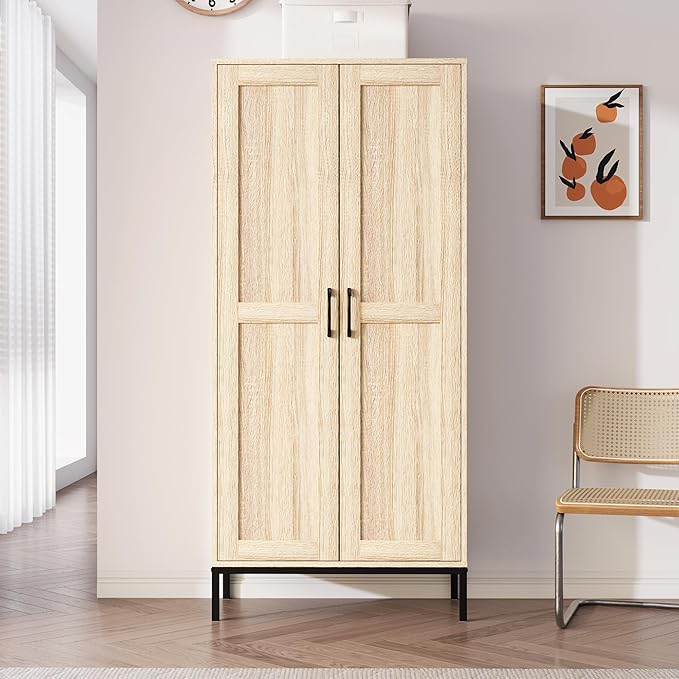 Tall Storage Cabinet, Kitchen Pantry Cabinet with 2 Doors & Adjustable Shelves for Laundry Room, Living Room, Entryway,Bathroom,Natural-Ruum Studio Home