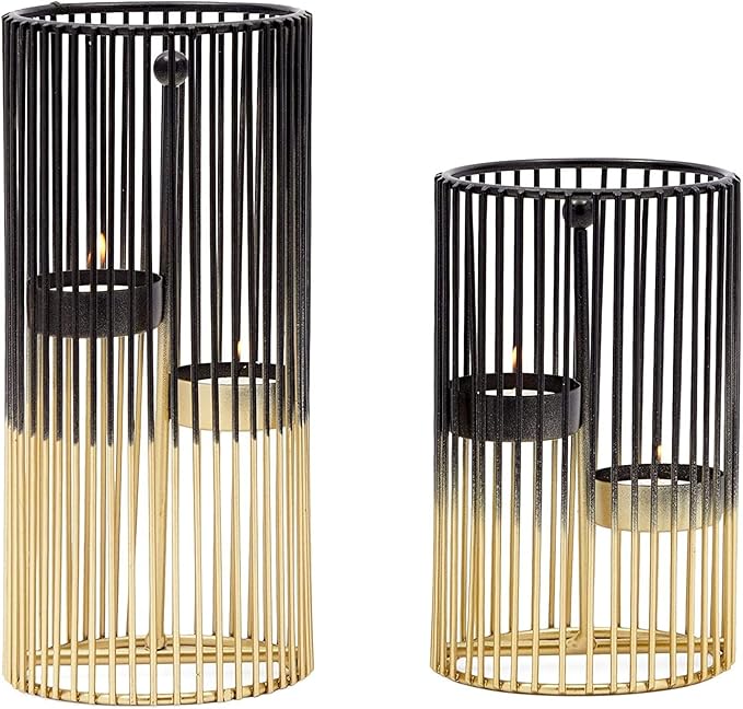 Juvale Set of 2 Black and Gold Geometric Candle Holders for Modern Table Decor (2 Sizes) - Black and Gold Candle Holder Set for Table Centerpieces-Ruum Studio Home