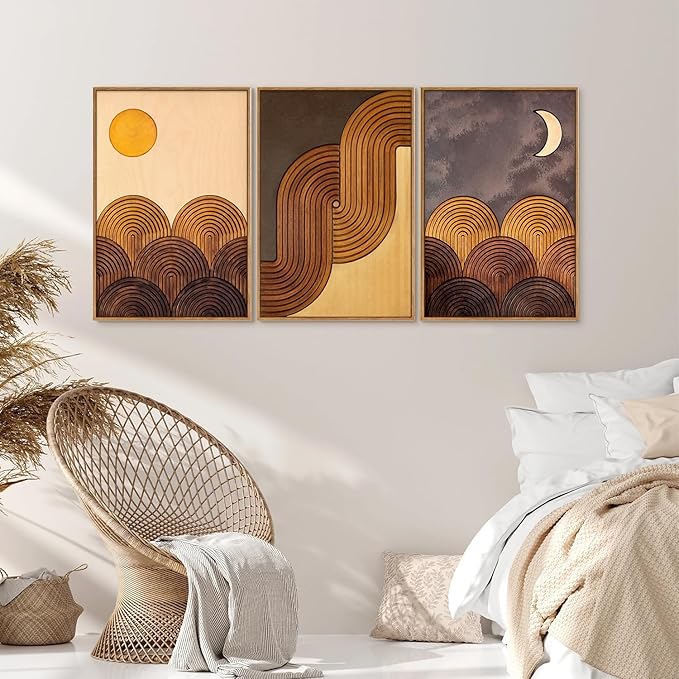 Tinonedraw Boho Mountain Framed Canvas Wall Art Set, Mid Century Modern Geometric Line Wall Decor, Bohemian Sun and Moon Art Paintings, Beige Brown Wooden Artwork for Living Room Bedroom Office 16"x24"x3-Ruum Studio Home