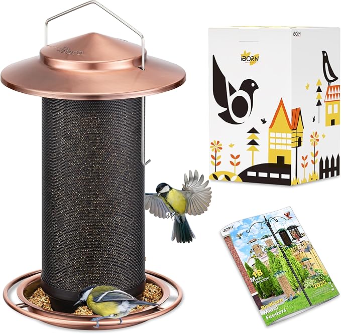 iBorn Bird Feeders for Outdoors, All Metal Mesh Tube, Holding Bird Seed for Outside Feeders,18cm Large Roof, Copper, 2.8lb(Seed is not Included)-Ruum Studio Home