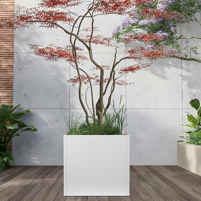 White Steel Planter Square Outdoor Planters Galvanized Steel Planter Box Indoor Metal Large Planters Cube Heavy Duty Flower Pot 26 Inch Modern Commercial Residential for Trees Patio Deck Yard Garden-Ruum Studio Home