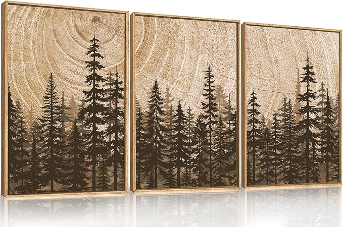 Celestdeco Pine Tree Framed Canvas Wall Art Set, Natural Woodland Landscape Wall Decor, Large Retro Forest Painting, Vintage Brown Artwork for Living Room, Bedroom, Kitchen, Study, Office - 24"x36"x3-Ruum Studio Home