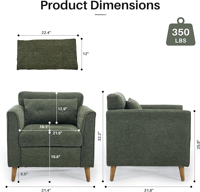 Modern Accent Chair with Wooden Legs Plush Fabric Armchair Cozy Reading Chair for Living Room, Bedroom, Study (Green Armchair)-Ruum Studio Home