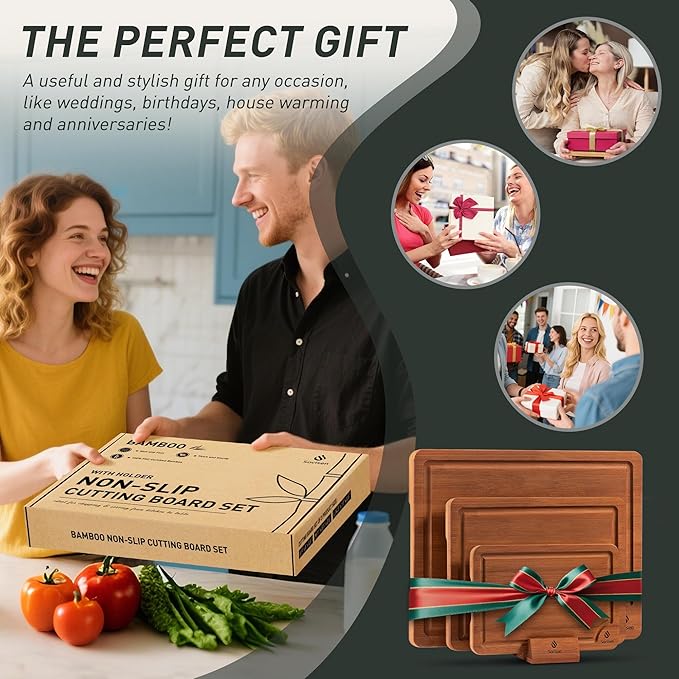 3 Packs Bamboo Cutting Board Set with Non Slip Feet Holder and Over Sink Nice Solid Thick Wood Juice Groove Chopping Board Extra Large Big Small Best Hardwood Kitchen Organic Vegetable Meat BBQ Kit-Ruum Studio Home