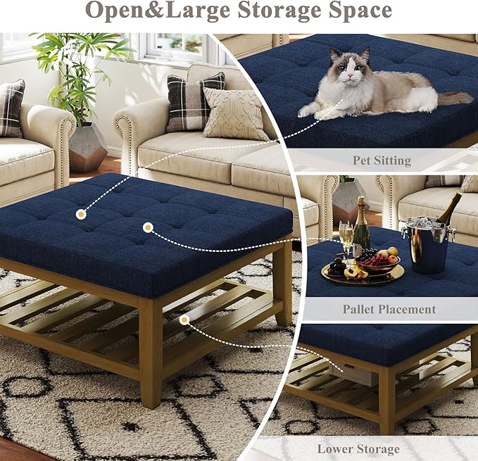 Large Square Ottoman Coffee Table, Linen Solid Upholstered Footrest Ottoman with Solid Wood Shelf Storage Tufted Coffee Table for Bedroom Living Room, Navy Blue-Ruum Studio Home