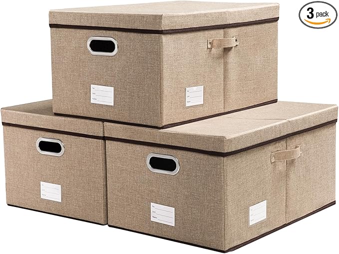PRANDOM Storage Bins with Lids [3-Pack] Jute Fabric Foldable Storage Boxes Organizer Containers Baskets Cube with Cover for Home Bedroom Closet Office Nursery khaki（23.4X15.9X11.5-Ruum Studio Home