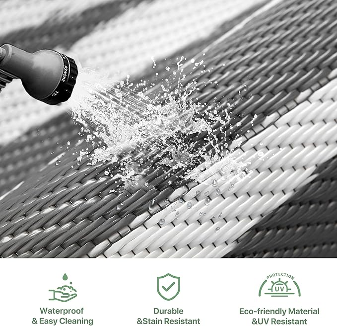 GENIMO Outdoor Rug Waterproof Area 10'x14' for Patio, Foldable Reversible Plastic Straw Carpet for Travel Trailers, Outside Mat for Rv, Deck, Picnic, Porch, Camper, Balcony, Beach, Grey & White-Ruum Studio Home