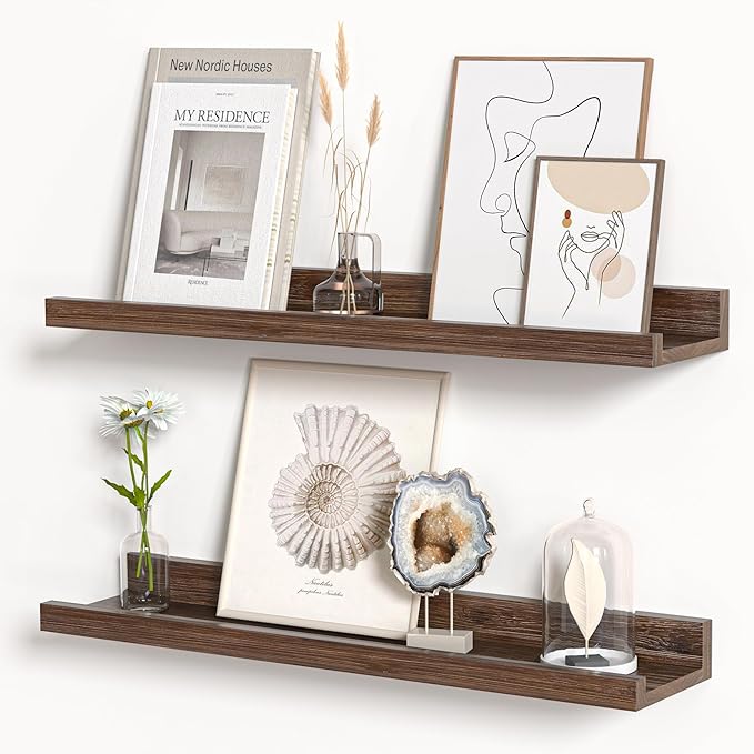 Floating Shelves for Wall, Picture Ledge Shelf 24 Inch Solid Wood Set of 2, Rustic Wall Shelves with Lip, Kids Bookshelf, Photo & Picture Live Edge Floating Shelves for Bedroom, Living Room, Kitchen-Ruum Studio Home